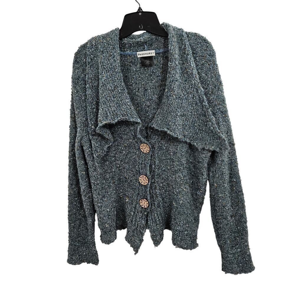 Parkhurst Knit Blue Button Up Sweater Cardigan Big Collar Long Sleeve Size L